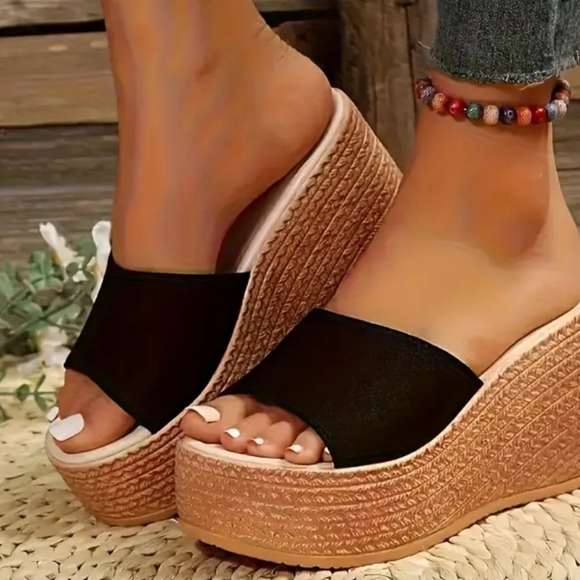 Women's Black Wedge Sandals - Picture 2 of 4